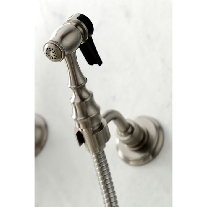 Kingston Heirloom KS1268AXBS - Heritage Two-Handle 3-Hole Wall Mount Bridge Kitchen Faucet with Brass Sprayer, Brushed Nickel