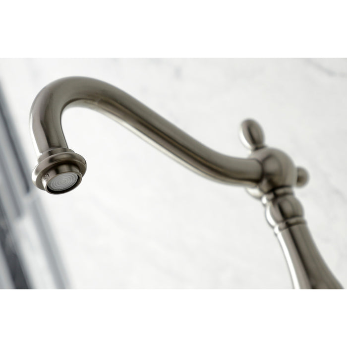 Kingston Heirloom KS1268AXBS - Heritage Two-Handle 3-Hole Wall Mount Bridge Kitchen Faucet with Brass Sprayer, Brushed Nickel