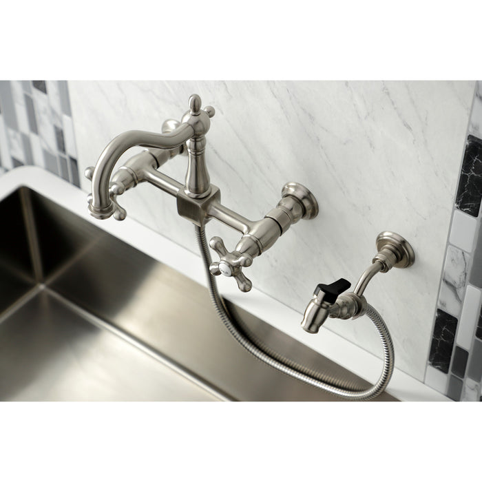 Kingston Heirloom KS1268AXBS - Heritage Two-Handle 3-Hole Wall Mount Bridge Kitchen Faucet with Brass Sprayer, Brushed Nickel