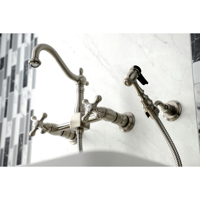 Kingston Heirloom KS1268AXBS - Heritage Two-Handle 3-Hole Wall Mount Bridge Kitchen Faucet with Brass Sprayer, Brushed Nickel