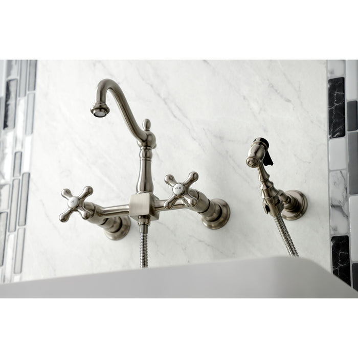 Kingston Heirloom KS1268AXBS - Heritage Two-Handle 3-Hole Wall Mount Bridge Kitchen Faucet with Brass Sprayer, Brushed Nickel