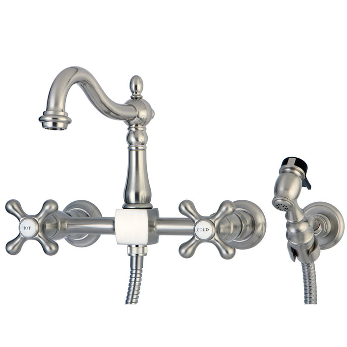 Kingston Heirloom KS1268AXBS - Heritage Two-Handle 3-Hole Wall Mount Bridge Kitchen Faucet with Brass Sprayer, Brushed Nickel