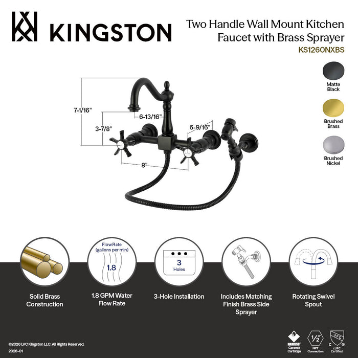 Kingston Heirloom KS1268NXBS - Hamilton Two-Handle 3-Hole Wall Mount Bridge Kitchen Faucet with Brass Sprayer, Brushed Nickel