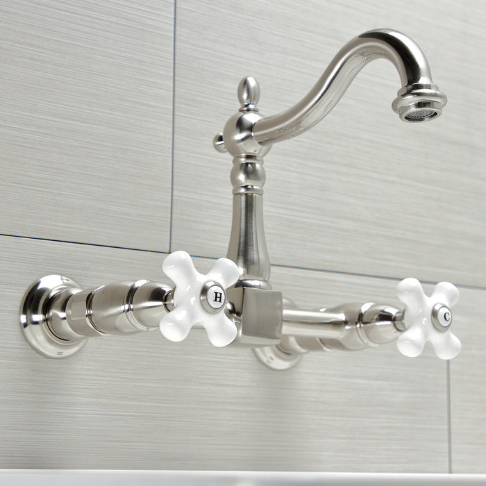 Kingston Heirloom KS1268PX - Heritage Two-Handle 2-Hole Wall Mount Bridge Kitchen Faucet, Brushed Nickel