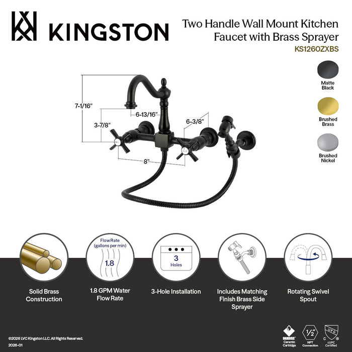 Kingston Heirloom KS1268ZXBS - Millennium Two-Handle 3-Hole Wall Mount Bridge Kitchen Faucet with Brass Sprayer, Brushed Nickel