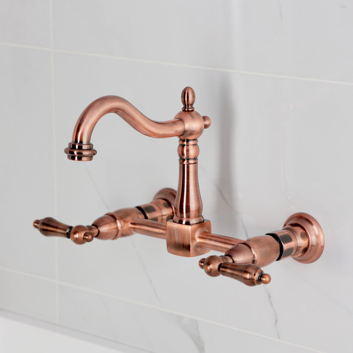 Kingston Heirloom KS126ALAC - Heritage Two-Handle 2-Hole Wall Mount Bridge Kitchen Faucet, Antique Copper