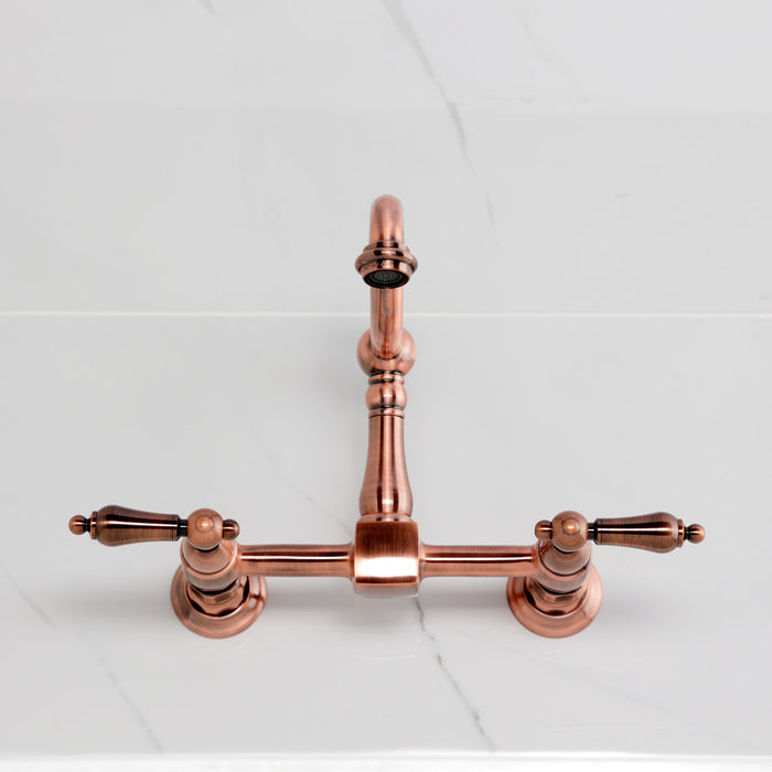 Kingston Heirloom KS126ALAC - Heritage Two-Handle 2-Hole Wall Mount Bridge Kitchen Faucet, Antique Copper
