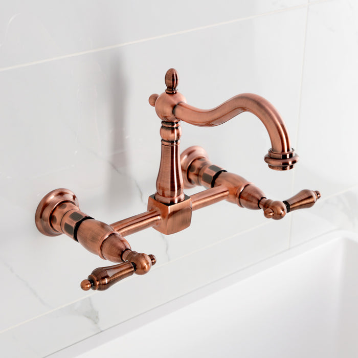 Kingston Heirloom KS126ALAC - Heritage Two-Handle 2-Hole Wall Mount Bridge Kitchen Faucet, Antique Copper