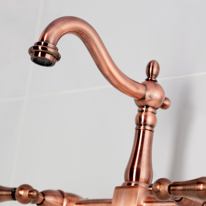 Kingston Heirloom KS126ALAC - Heritage Two-Handle 2-Hole Wall Mount Bridge Kitchen Faucet, Antique Copper