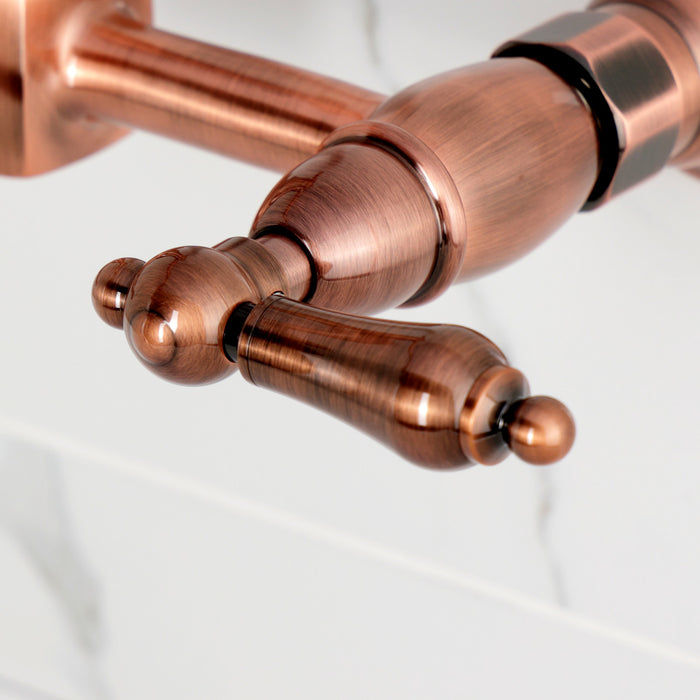 Kingston Heirloom KS126ALAC - Heritage Two-Handle 2-Hole Wall Mount Bridge Kitchen Faucet, Antique Copper
