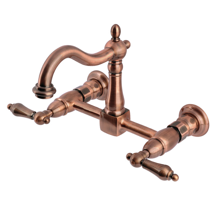 Kingston Heirloom KS126ALAC - Heritage Two-Handle 2-Hole Wall Mount Bridge Kitchen Faucet, Antique Copper