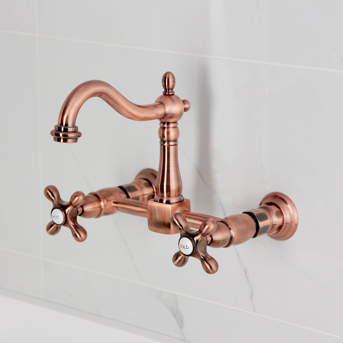 Kingston Heirloom KS126AXAC - Heritage Two-Handle 2-Hole Wall Mount Bridge Kitchen Faucet, Antique Copper