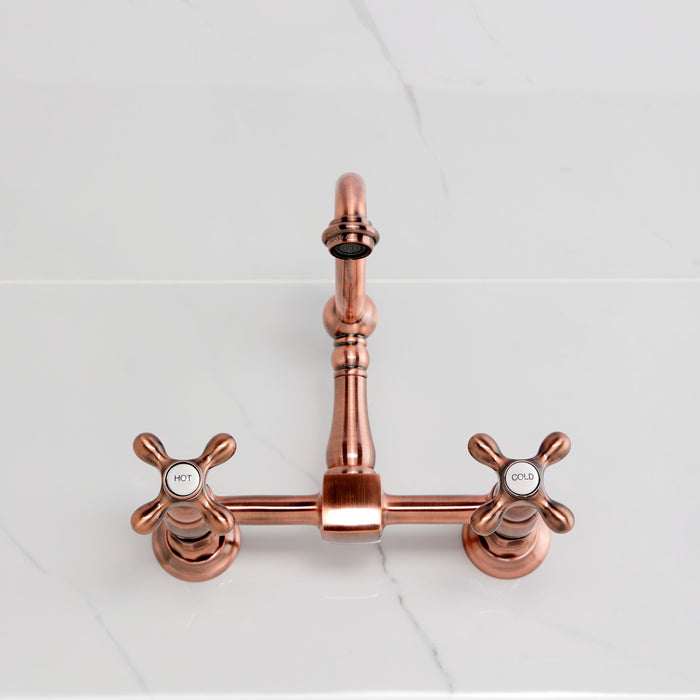 Kingston Heirloom KS126AXAC - Heritage Two-Handle 2-Hole Wall Mount Bridge Kitchen Faucet, Antique Copper