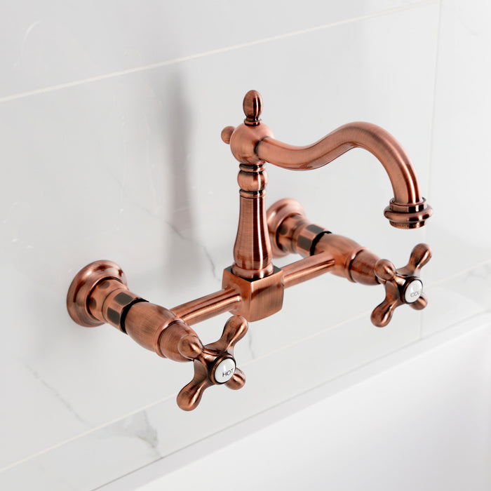 Kingston Heirloom KS126AXAC - Heritage Two-Handle 2-Hole Wall Mount Bridge Kitchen Faucet, Antique Copper