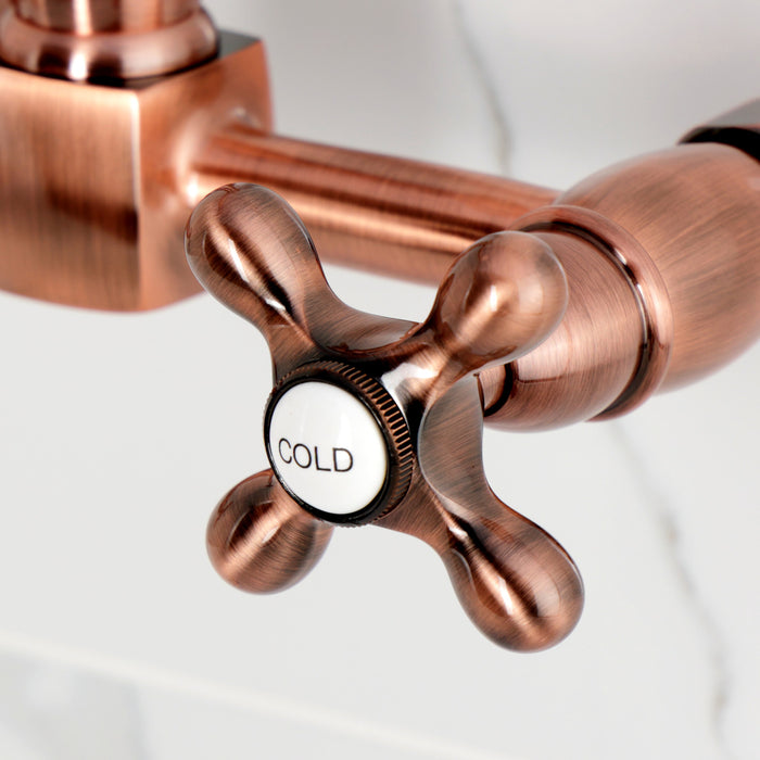 Kingston Heirloom KS126AXAC - Heritage Two-Handle 2-Hole Wall Mount Bridge Kitchen Faucet, Antique Copper