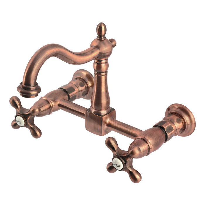 Kingston Heirloom KS126AXAC - Heritage Two-Handle 2-Hole Wall Mount Bridge Kitchen Faucet, Antique Copper