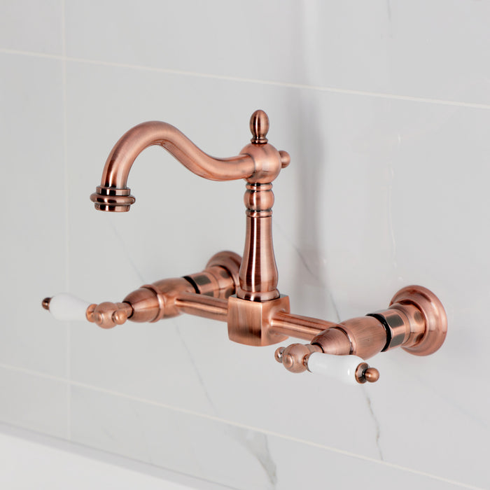 Kingston Heirloom KS126PLAC - Heritage Two-Handle 2-Hole Wall Mount Bridge Kitchen Faucet, Antique Copper