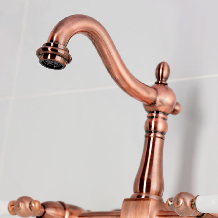 Kingston Heirloom KS126PLAC - Heritage Two-Handle 2-Hole Wall Mount Bridge Kitchen Faucet, Antique Copper