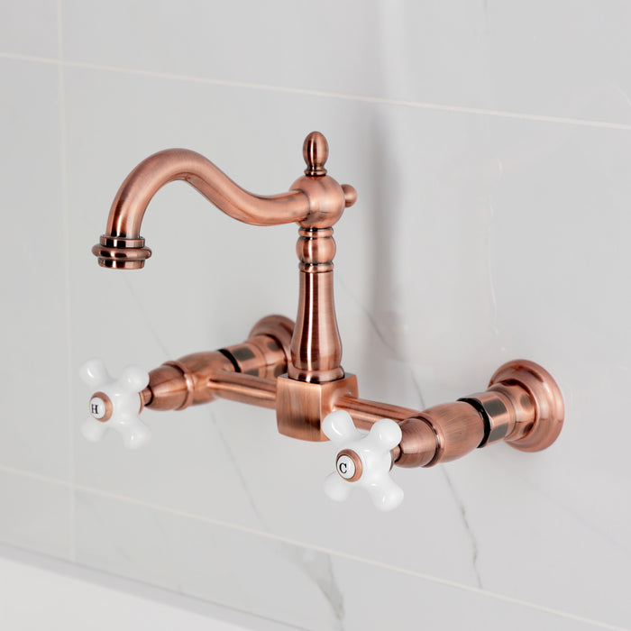 Kingston Heirloom KS126PXAC - Heritage Two-Handle 2-Hole Wall Mount Bridge Kitchen Faucet, Antique Copper