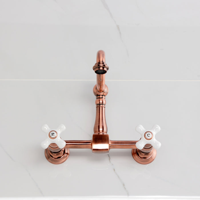 Kingston Heirloom KS126PXAC - Heritage Two-Handle 2-Hole Wall Mount Bridge Kitchen Faucet, Antique Copper