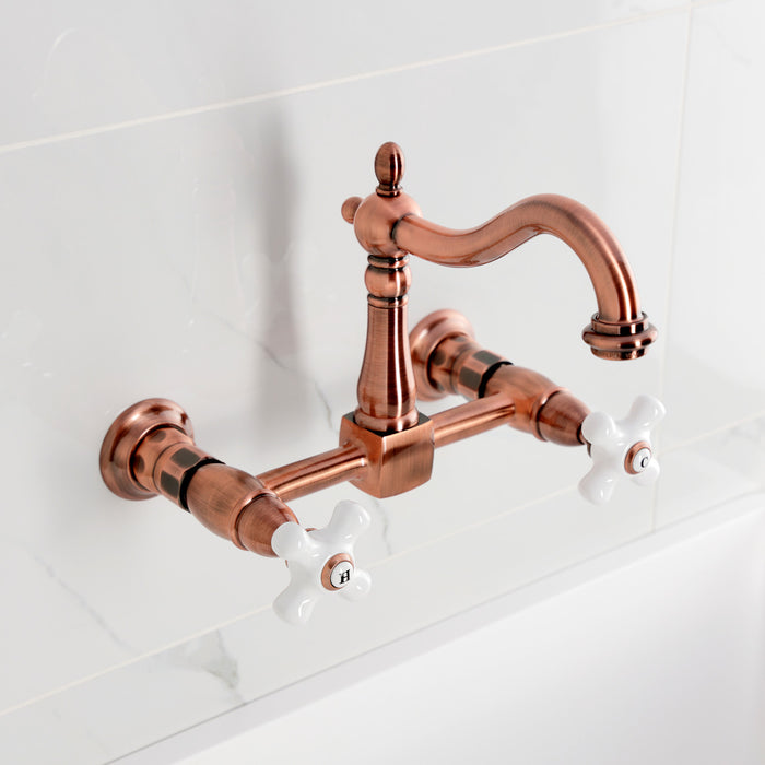 Kingston Heirloom KS126PXAC - Heritage Two-Handle 2-Hole Wall Mount Bridge Kitchen Faucet, Antique Copper