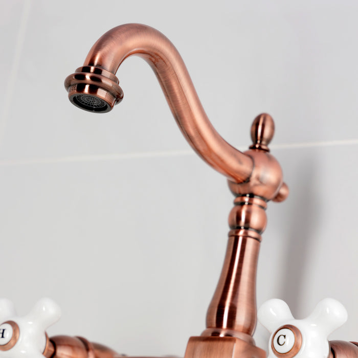 Kingston Heirloom KS126PXAC - Heritage Two-Handle 2-Hole Wall Mount Bridge Kitchen Faucet, Antique Copper