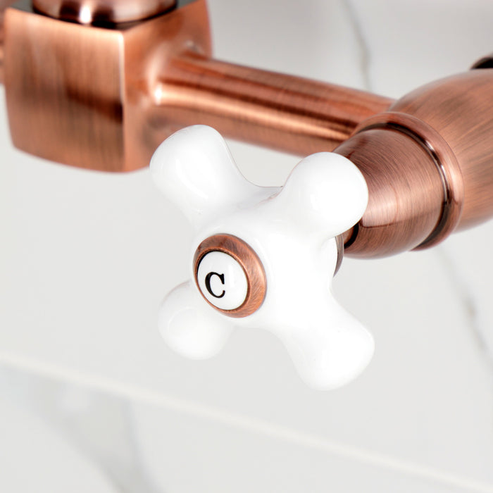 Kingston Heirloom KS126PXAC - Heritage Two-Handle 2-Hole Wall Mount Bridge Kitchen Faucet, Antique Copper