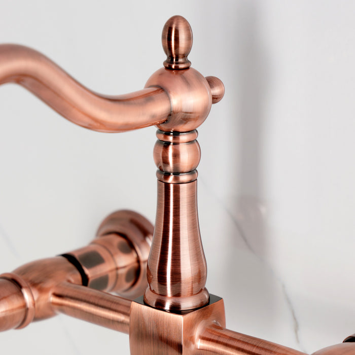 Kingston Heirloom KS126PXAC - Heritage Two-Handle 2-Hole Wall Mount Bridge Kitchen Faucet, Antique Copper