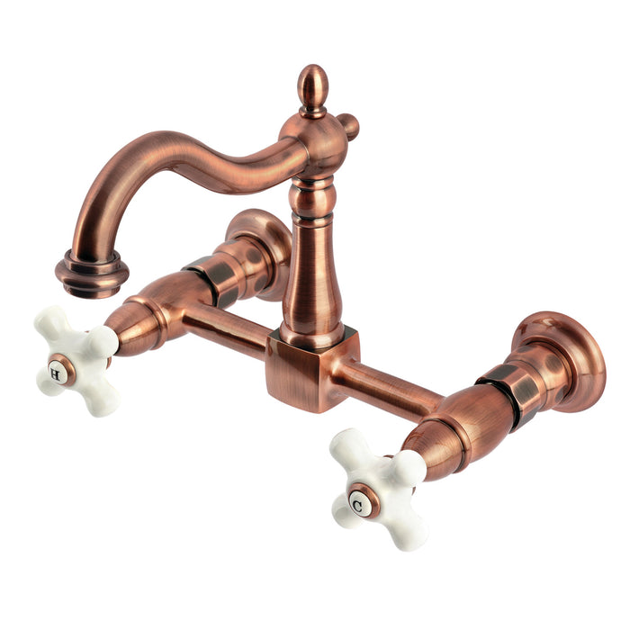 Kingston Heirloom KS126PXAC - Heritage Two-Handle 2-Hole Wall Mount Bridge Kitchen Faucet, Antique Copper