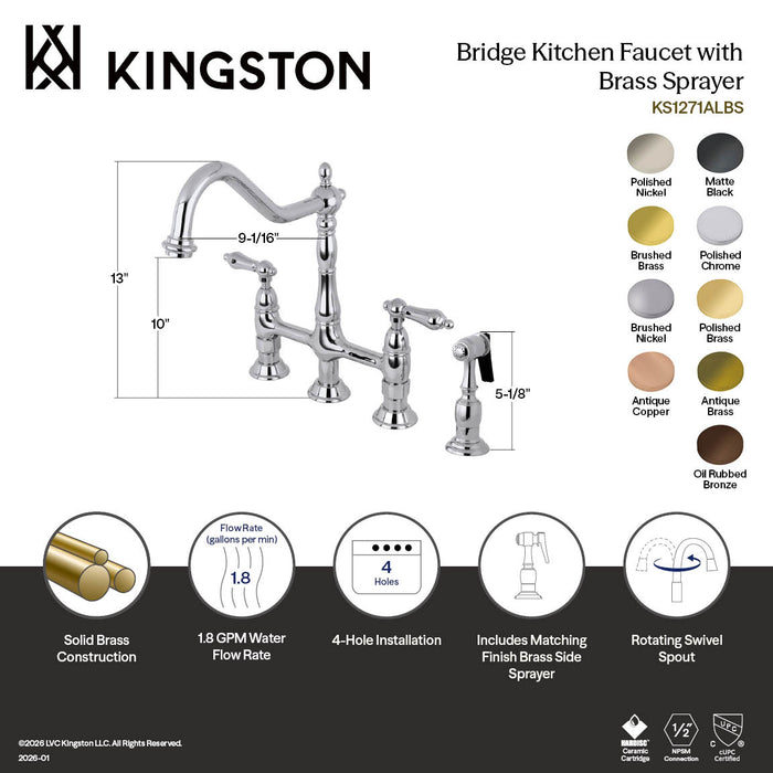 Kingston Heirloom KS1270ALBS - Heritage Two-Handle 4-Hole Deck Mount Bridge Kitchen Faucet with Brass Sprayer, Matte Black