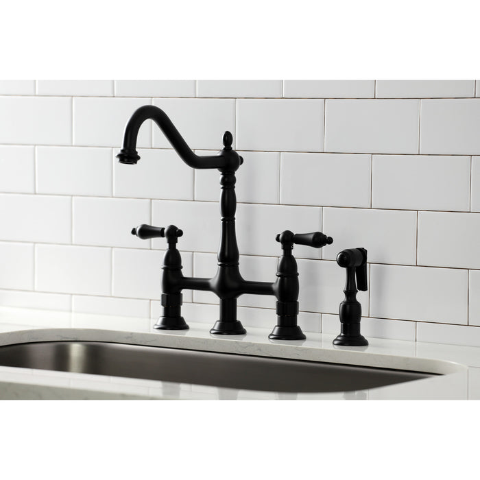Heritage KS1270ALBS Two-Handle 4-Hole Deck Mount Bridge Kitchen Faucet with Brass Side Sprayer, Matte Black