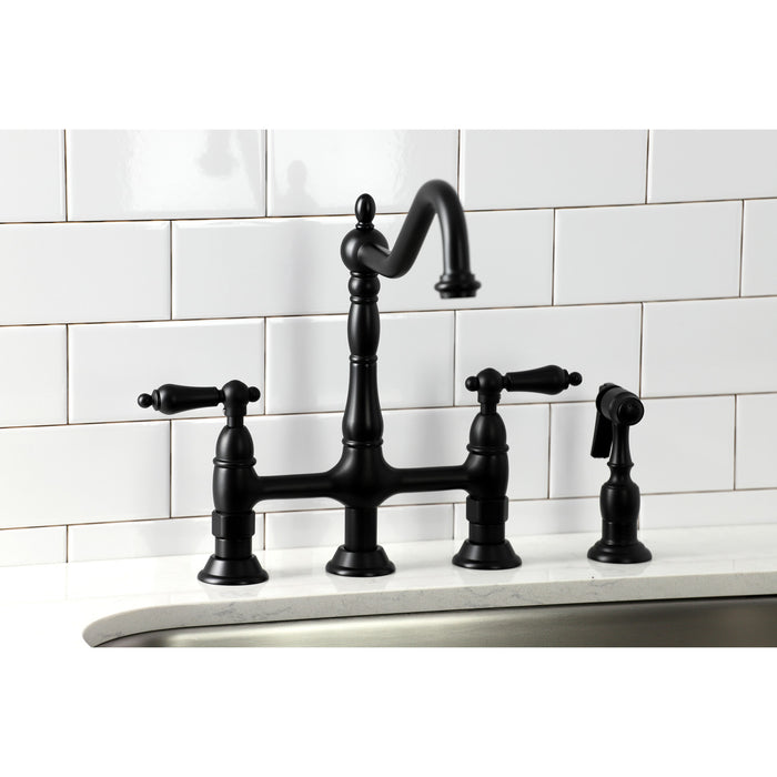 Heritage KS1270ALBS Two-Handle 4-Hole Deck Mount Bridge Kitchen Faucet with Brass Side Sprayer, Matte Black