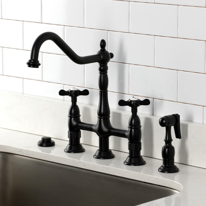Essex KS1270BEXBS Two-Handle 4-Hole Deck Mount Bridge Kitchen Faucet with Brass Sprayer, Matte Black