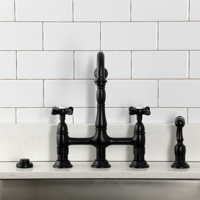 Kingston Heirloom KS1270BEXBS - Essex Two-Handle 4-Hole Deck Mount Bridge Kitchen Faucet with Brass Sprayer, Matte Black