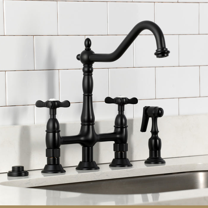Essex KS1270BEXBS Two-Handle 4-Hole Deck Mount Bridge Kitchen Faucet with Brass Sprayer, Matte Black