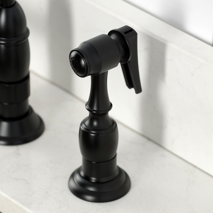 Kingston Heirloom KS1270BEXBS - Essex Two-Handle 4-Hole Deck Mount Bridge Kitchen Faucet with Brass Sprayer, Matte Black