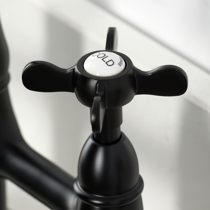 Essex KS1270BEXBS Two-Handle 4-Hole Deck Mount Bridge Kitchen Faucet with Brass Sprayer, Matte Black