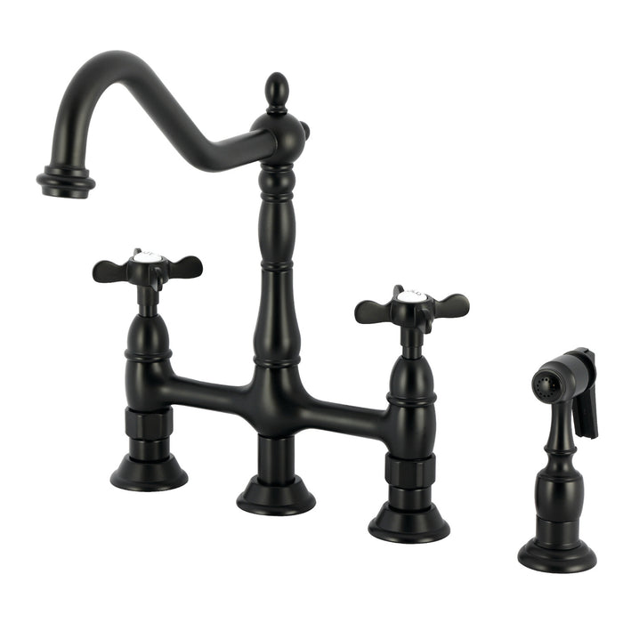 Essex KS1270BEXBS Two-Handle 4-Hole Deck Mount Bridge Kitchen Faucet with Brass Sprayer, Matte Black