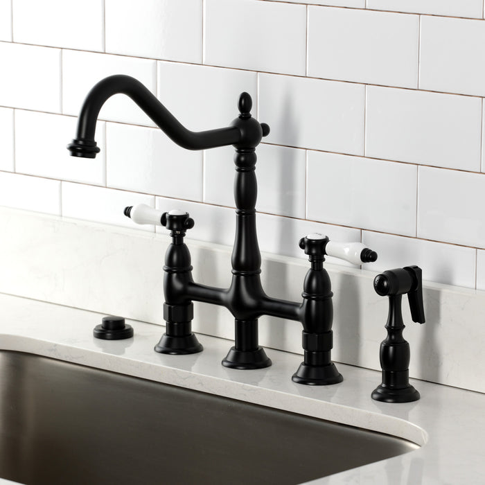 Kingston Heirloom KS1270BPLBS - Bel-Air Two-Handle 4-Hole Deck Mount Bridge Kitchen Faucet with Brass Sprayer, Matte Black