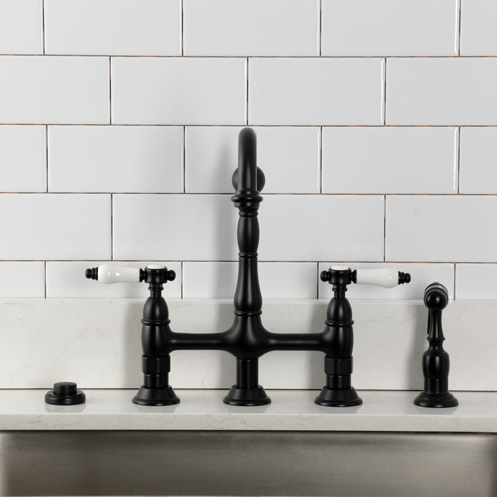 Kingston Heirloom KS1270BPLBS - Bel-Air Two-Handle 4-Hole Deck Mount Bridge Kitchen Faucet with Brass Sprayer, Matte Black