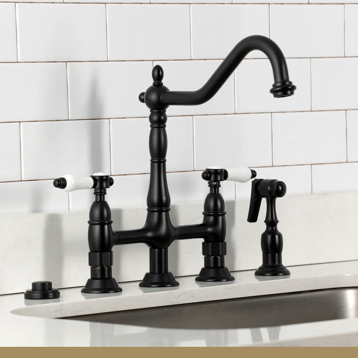 Kingston Heirloom KS1270BPLBS - Bel-Air Two-Handle 4-Hole Deck Mount Bridge Kitchen Faucet with Brass Sprayer, Matte Black