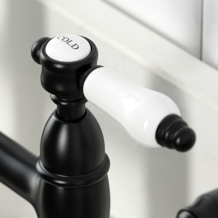 Kingston Heirloom KS1270BPLBS - Bel-Air Two-Handle 4-Hole Deck Mount Bridge Kitchen Faucet with Brass Sprayer, Matte Black