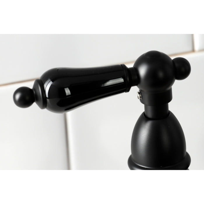 Kingston Heirloom KS1270PKLBS - Duchess Two-Handle 4-Hole Deck Mount Bridge Kitchen Faucet with Brass Sprayer, Matte Black