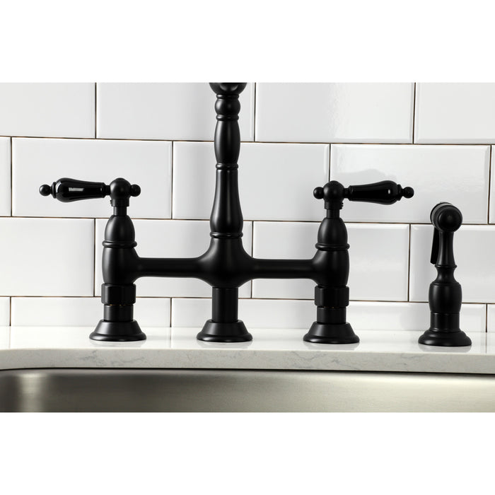 Kingston Heirloom KS1270PKLBS - Duchess Two-Handle 4-Hole Deck Mount Bridge Kitchen Faucet with Brass Sprayer, Matte Black