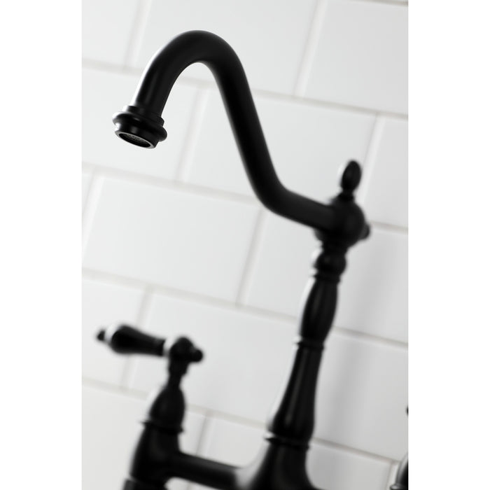 Kingston Heirloom KS1270PKLBS - Duchess Two-Handle 4-Hole Deck Mount Bridge Kitchen Faucet with Brass Sprayer, Matte Black