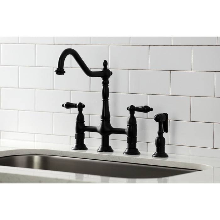 Kingston Heirloom KS1270PKLBS - Duchess Two-Handle 4-Hole Deck Mount Bridge Kitchen Faucet with Brass Sprayer, Matte Black