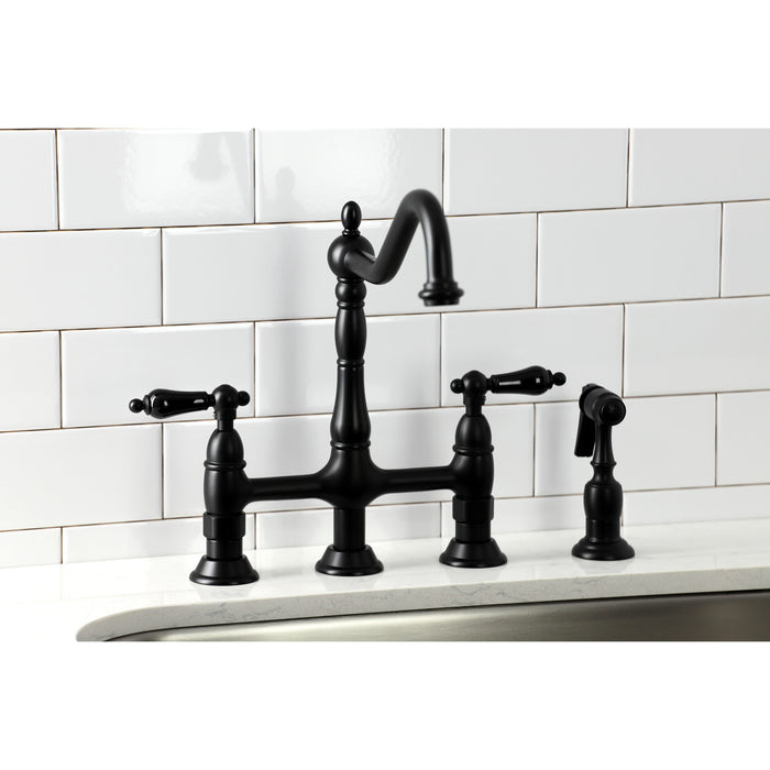 Kingston Heirloom KS1270PKLBS - Duchess Two-Handle 4-Hole Deck Mount Bridge Kitchen Faucet with Brass Sprayer, Matte Black