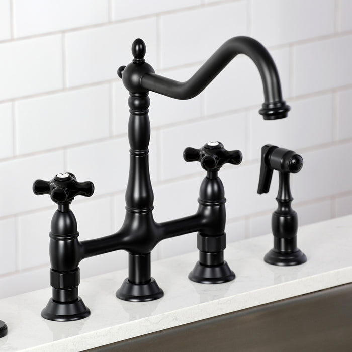 Kingston Heirloom KS1270PKXBS - Duchess Two-Handle 4-Hole Deck Mount Bridge Kitchen Faucet with Brass Sprayer, Matte Black