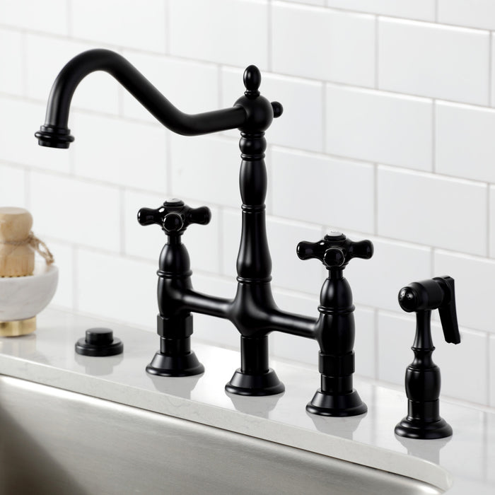 Kingston Heirloom KS1270PKXBS - Duchess Two-Handle 4-Hole Deck Mount Bridge Kitchen Faucet with Brass Sprayer, Matte Black