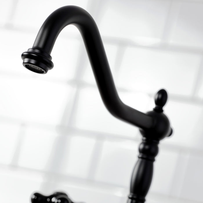Kingston Heirloom KS1270PKXBS - Duchess Two-Handle 4-Hole Deck Mount Bridge Kitchen Faucet with Brass Sprayer, Matte Black